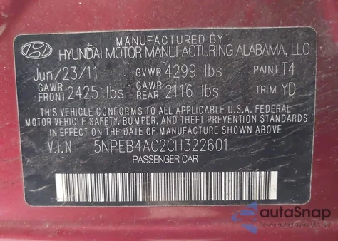 2012 Hyundai Sonata Gls z USA, uszkodzony, nr VIN 5NPEB4AC2CH322601